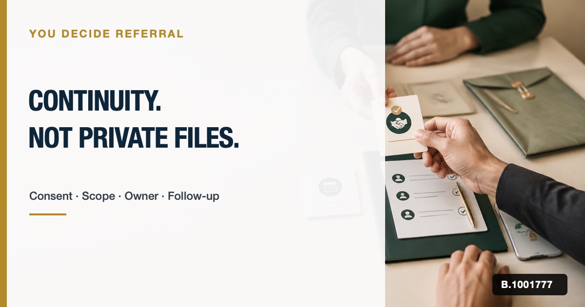 Referring and receiving agents reviewing a consent card, verified contact list, and dated storm-plan follow-up without private client records.